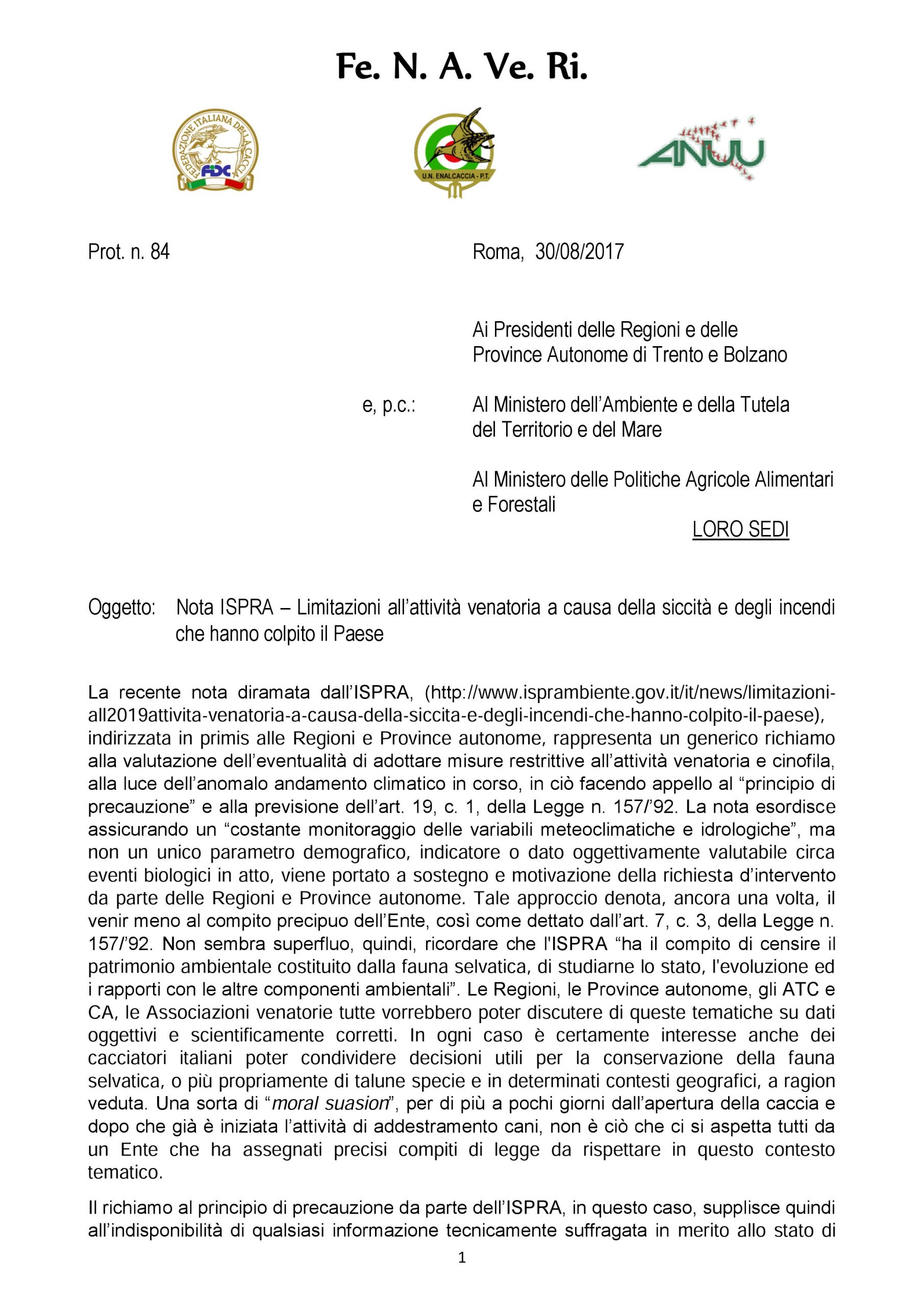 Fe.N.A.Ve.ri scrive alle Regioni e al Ministro dell’Ambiente e al Ministro delle Politiche Agricole Alimenatri e Forestali