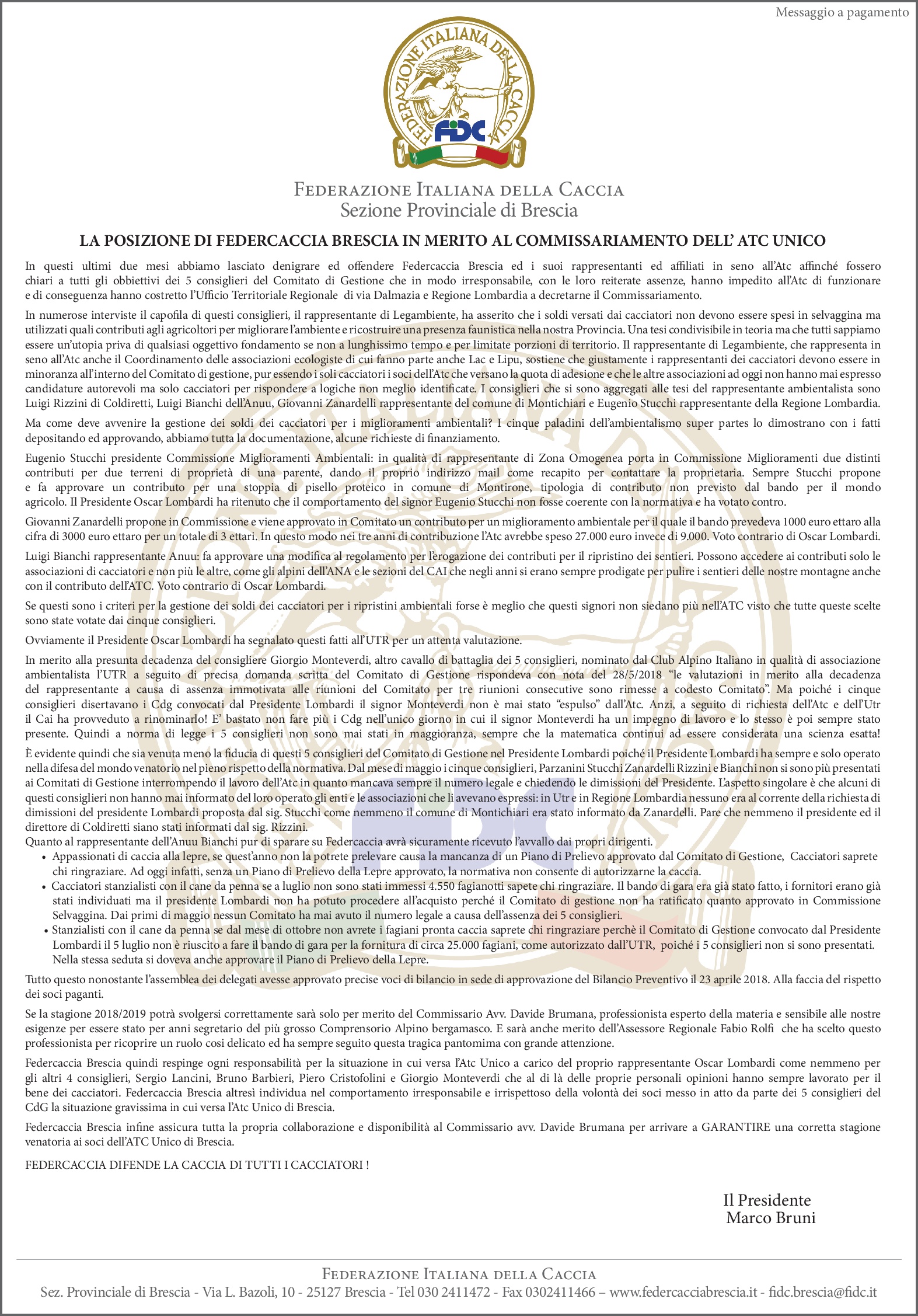 La posizione di Federcaccia Brescia in merito al commissariamento dell’Atc Unico