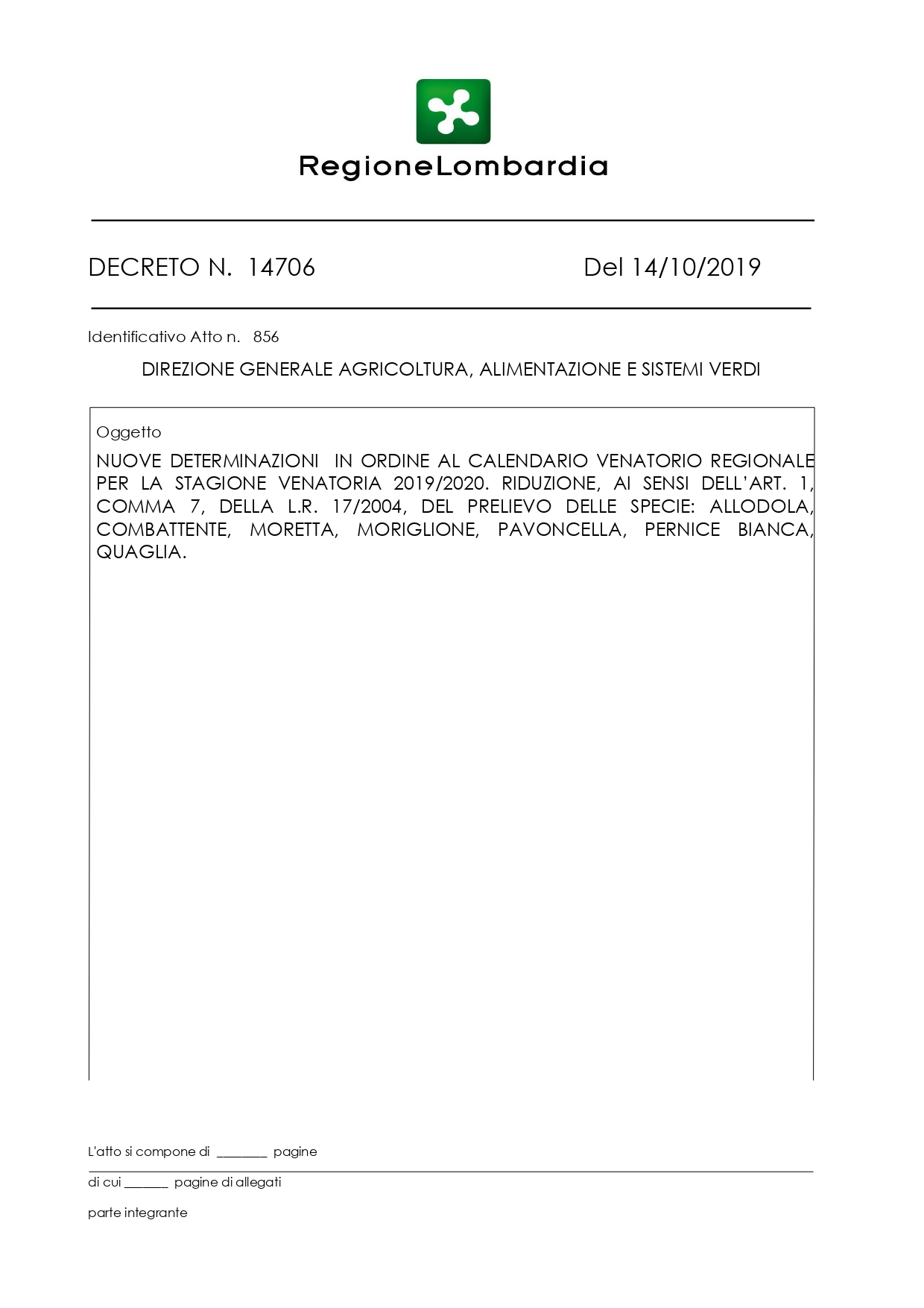 Decreto n.14706 del 14/10/2019 nuove determinazioni in ordine al calendario Regionale