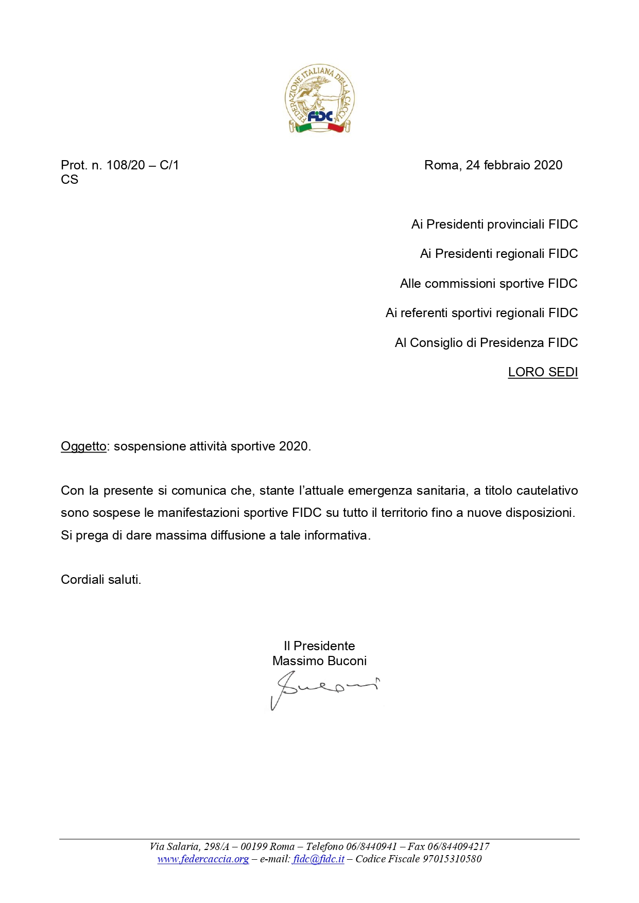 Sospensione attività sportive 2020